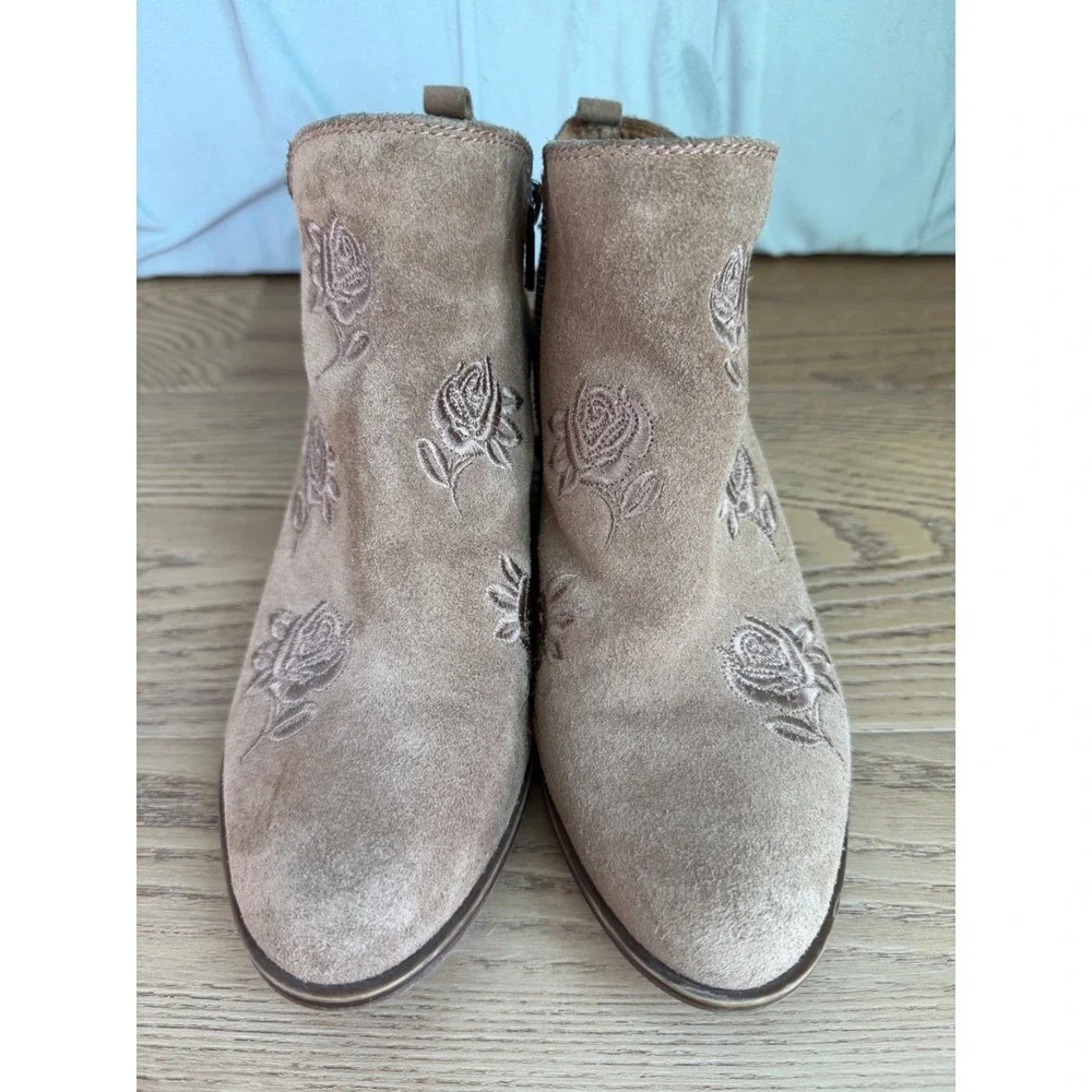 Lucky Brand Ankle Boots Women Tan Suede Leather Floral Embroidered Boho 8.5M